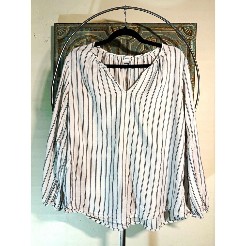 Old Navy Women’s Blouse White Blue Striped V-Neck Pleated Woven Pullover L